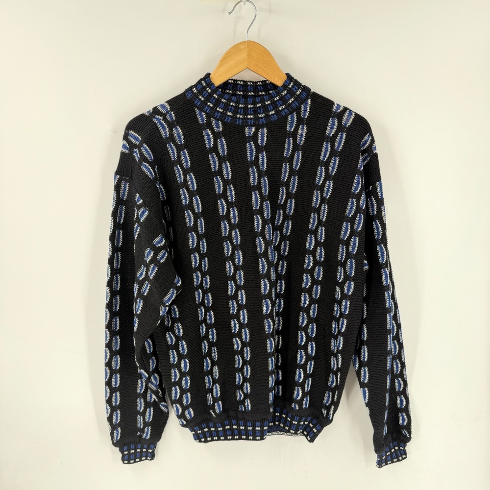 Jhane Barnes Vintage Patterned Knit Sweater Black Blue M Retro 90s Style 3D Knit